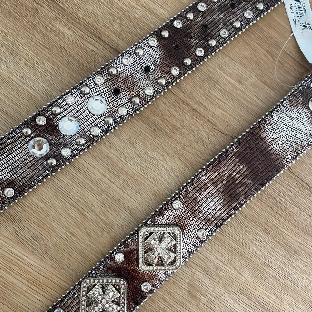 Nocona Belt Co Snake and Cross Rhinestone Leather Belt NEW